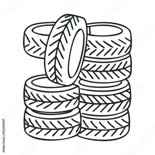 Black and white illustration of stacked car tires with tread pattern