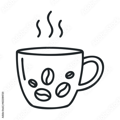 Simple line art of a steaming coffee cup with bean design