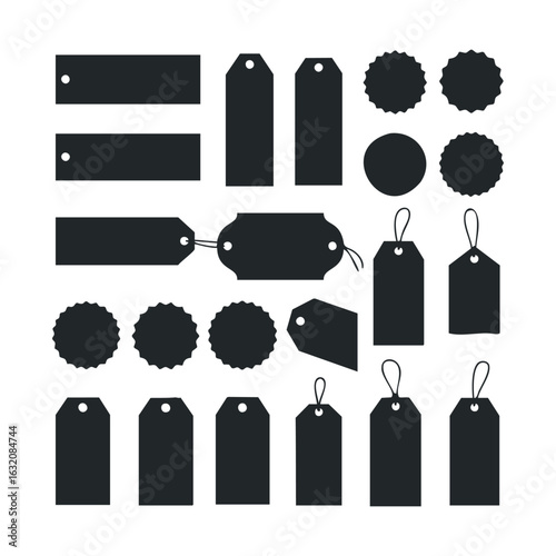 Set of various black price tags and labels on white background