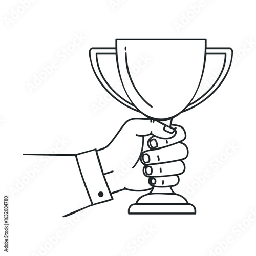 Hand holding trophy outline illustration of achievement and success symbol