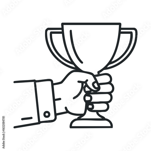 Outline of hand holding trophy icon celebrating success and achievement