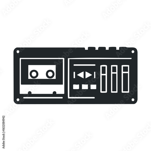 Vintage tape recorder icon in black and white with cassette and control panel