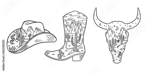 Western desert scene hand-drawn vector set. Cowboy hat, boot, bull skull with cactus, and landscape. Perfect for t-shirt designs, posters, stickers, and other uses.	