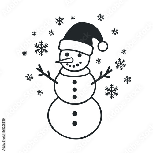 Festive snowman with hat and falling snowflakes in winter wonderland