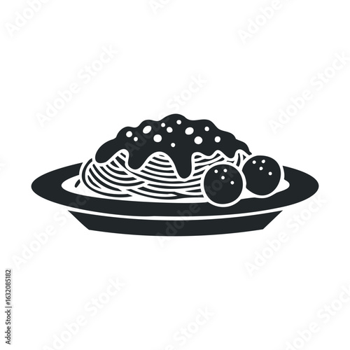 Black and white spaghetti illustration with sauce and meatballs on plate