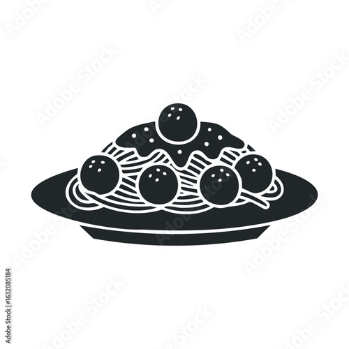 Black and white spaghetti and meatballs icon on plate