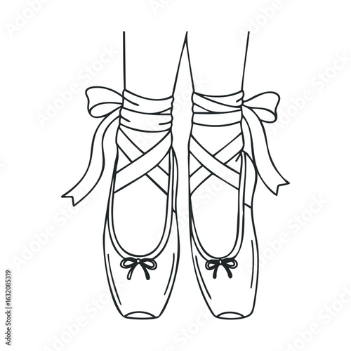 Elegant ballet pointe shoes sketch with ribbons in black and white
