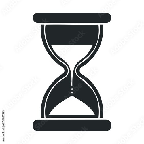 Minimalistic black and white hourglass icon with flowing sand
