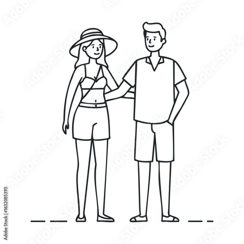 Cartoon couple in summer outfits enjoying beach day: young caucasian male and female characters