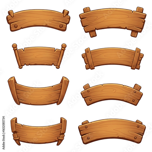 Collection of eight different styles of rustic wooden banners and signs with curved shapes and nail details, isolated on transparent background