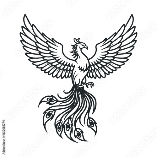 Stylized phoenix tattoo design with elaborate tail feathers in black and white