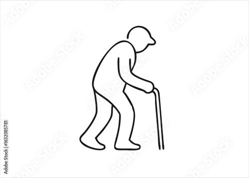 An elderly gentleman with a walking stick seen from behind walking away from the viewer isolated on white background