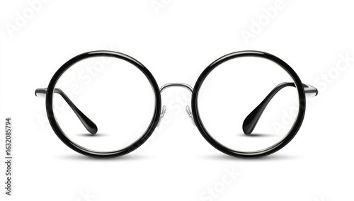 Close up of round glasses with black frames and silver nose bridge on a white background