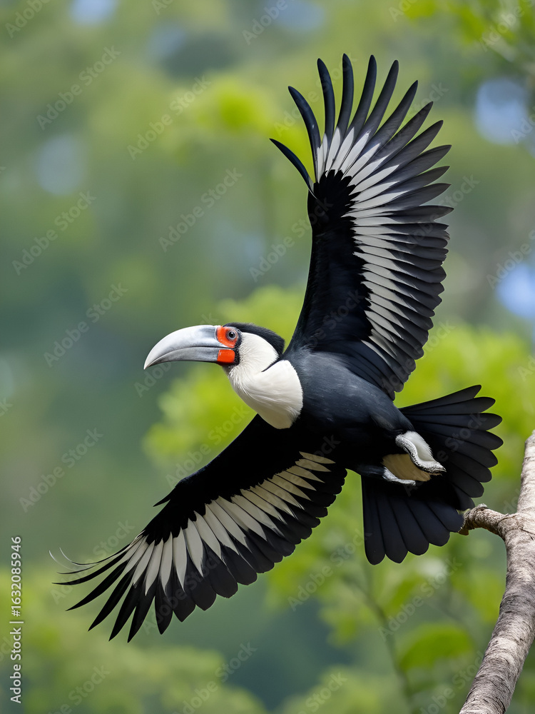 Black and white casqued hornbill that flies over the forest in the blue sky of Africa Black and white casqued hornbill that flies over the forest in the blue sky of Africa