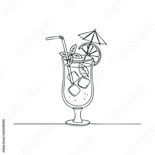 Line art of a tropical cocktail with mint, lemon, and umbrella garnish