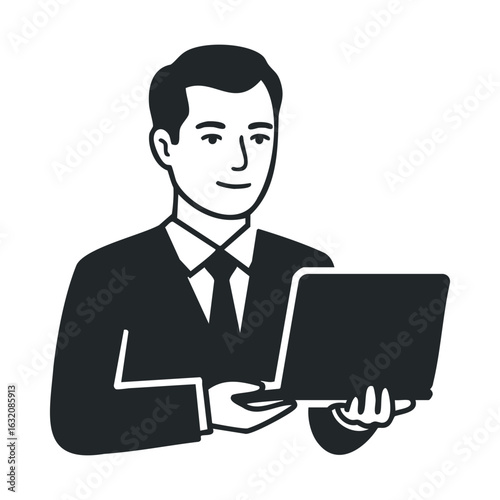 Young caucasian male in business suit holding laptop illustration