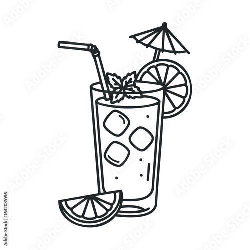 Illustration of a refreshing iced drink with umbrella and citrus garnish