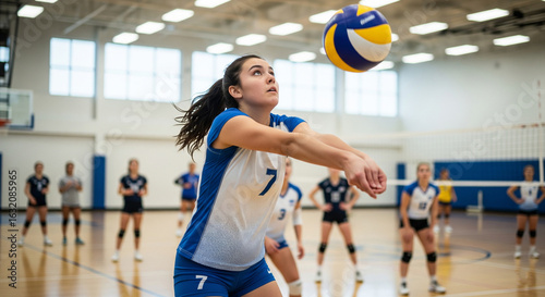 Young woman playing volleyball indoors, bumping the ball with her forearms