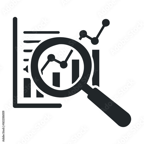 Magnifying glass analyzing bar graph with line chart in black and white icon