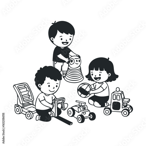 Happy children playing with toys: caucasian kids engaging in fun activities