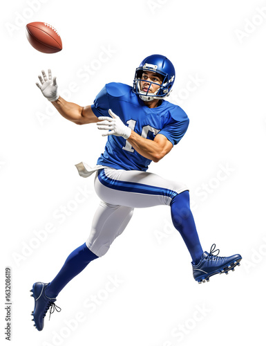 American football player reaching out with hands to catch incoming pass while running