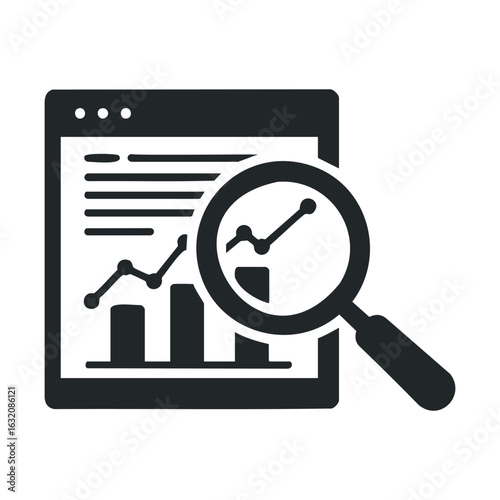 Magnifying glass analyzing data on graph and chart interface
