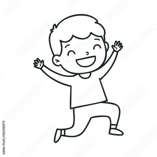 Happy caucasian child jumping with joy in black and white cartoon style