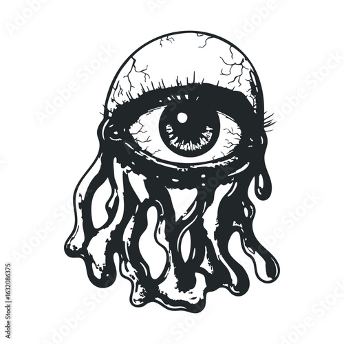 Black and white melting eye illustration with dripping details