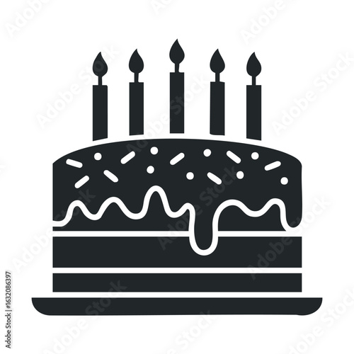 Black and white birthday cake with candles and sprinkles illustration