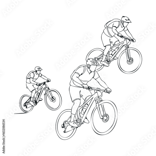 Three young adults mountain biking: dynamic line art of extreme sports enthusiasts