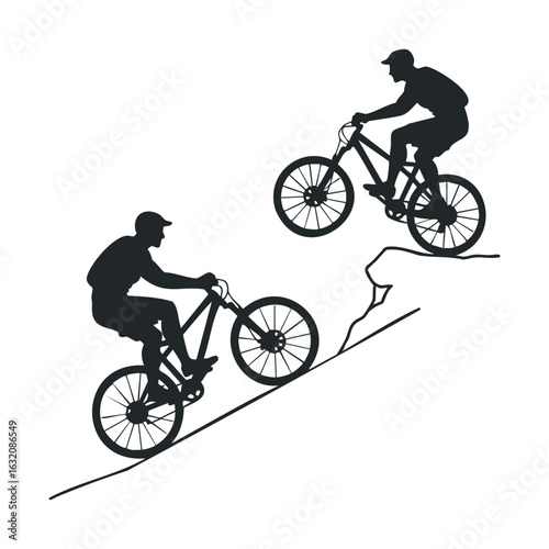 Silhouette of young males mountain biking uphill on steep terrain