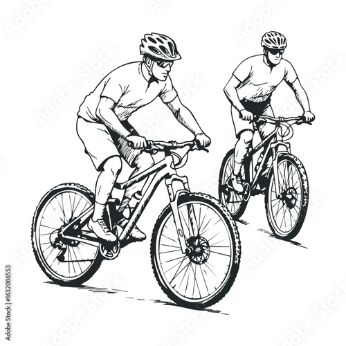 Two caucasian male adults mountain biking in active sports scene illustration