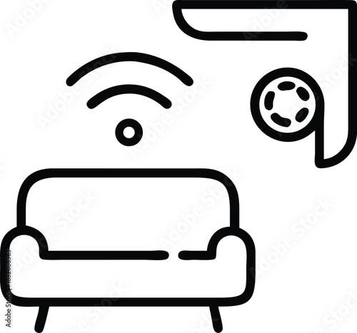 Smart home living room with connected devices and wi fi signal isolated on transparent background