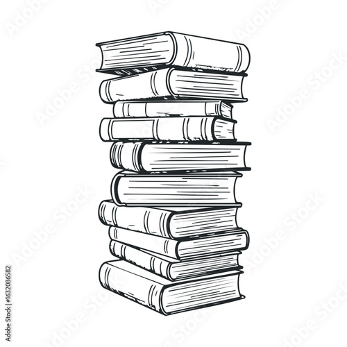 Vertical stack of vintage books in black and white sketch style