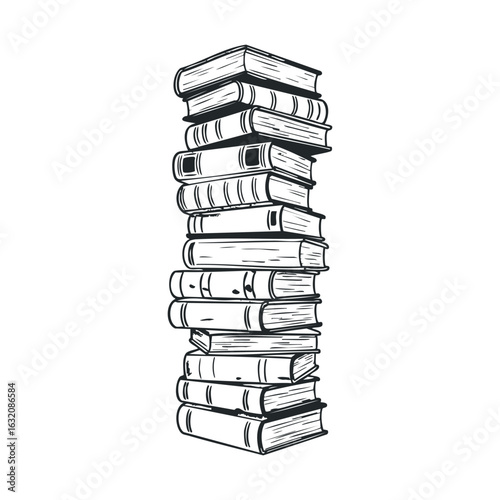 Tall stack of vintage books in monochrome illustration