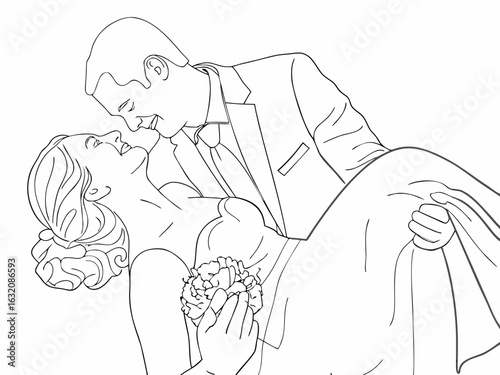 sketch of a bride and groom holding a bunch of flowers