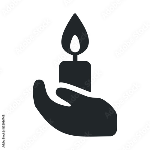 Hand holding burning candle silhouette icon on white background