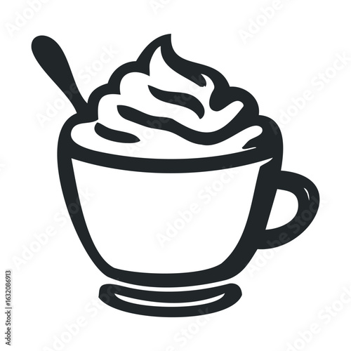 Black and white sketch of coffee cup with whipped cream and spoon