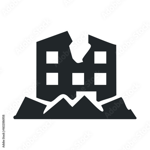 Black and white icon of a broken building with cracks
