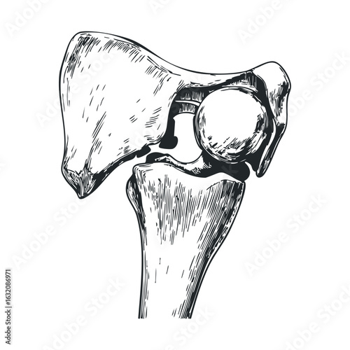 Detailed black and white hip joint illustration of human skeletal anatomy