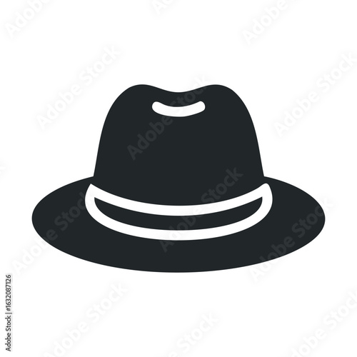 Black fedora hat icon with white band design on white background