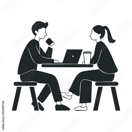 Silhouette of young adults working and enjoying coffee at a cafe