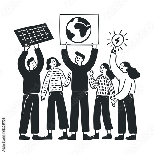Diverse group advocating for environmental conservation with earth and renewable energy symbols