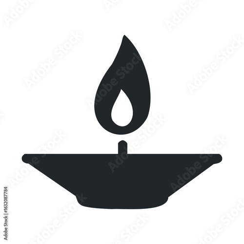 Minimalist traditional oil lamp with flame icon in black silhouette