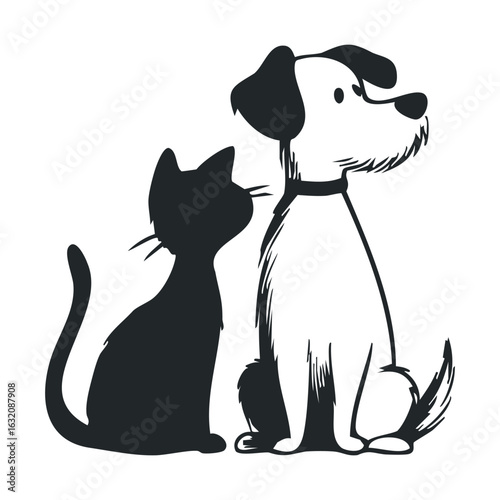 Silhouette of cat and dog: black and white vector of pet companions