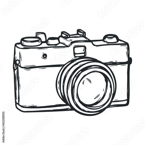 Vintage camera illustration: hand-drawn retro camera sketch with lens details