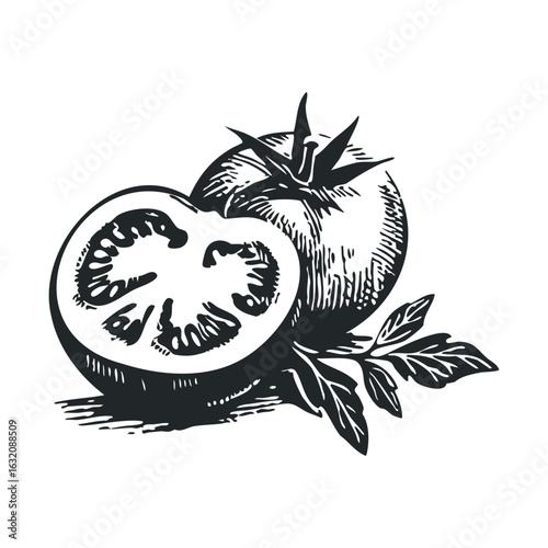 Vintage tomato illustration with halved design and leaves