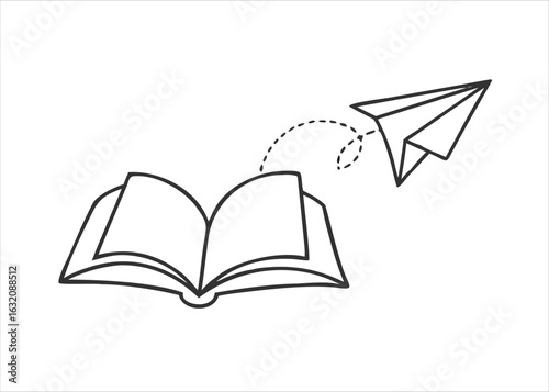 A continuous line drawing depicts an open book with a paper airplane gracefully flying from its pages presented isolated on white background