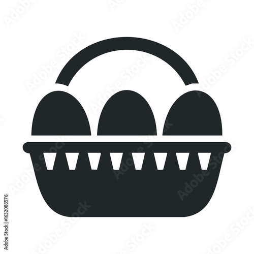 Black and white icon of a basket with three eggs inside