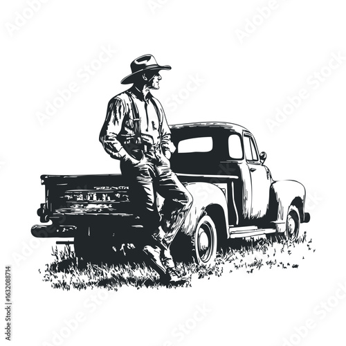 Caucasian male cowboy with vintage truck in field silhouette